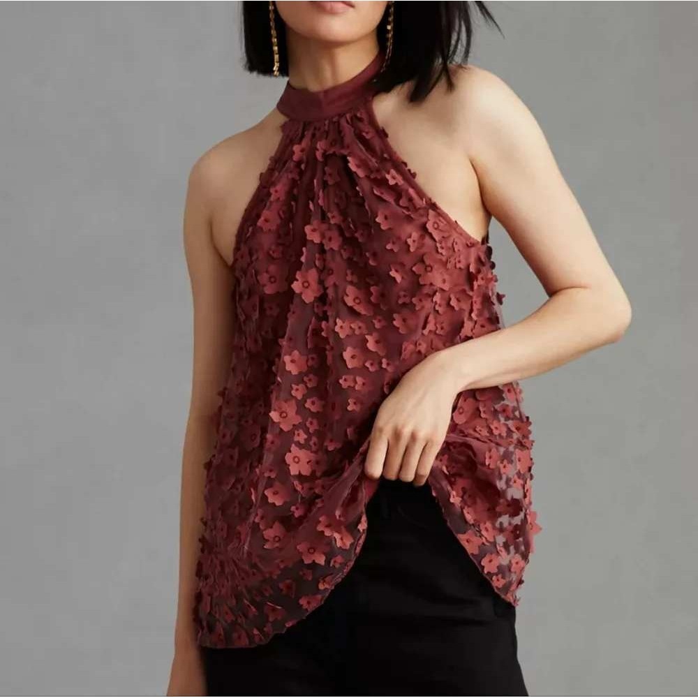 Eva Franco Burgundy 3D Floral Applique Halter Top Bow Back Sleeveless Blouse XS